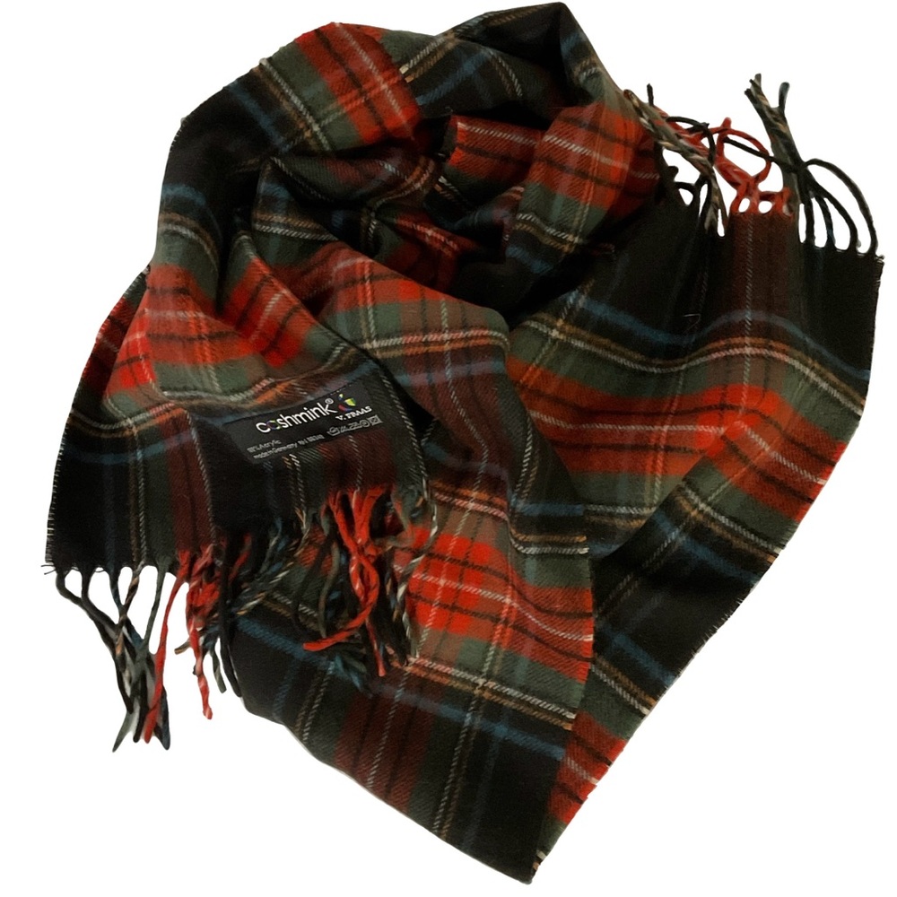 Cashmink Tartan Plaid Fringed Scarf Made in Germany by V. Fraas, Red, Green